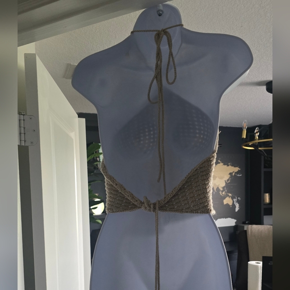 Gianni Bini Tan Crochet Edie Skirt Set Halter Top Natural Midi Skirt L Large - Picture 9 of 12